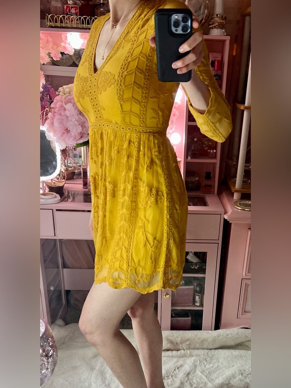 Altar'd State Mustard Yellow Lace V-Neck Mini Dress Cottagecore Boho